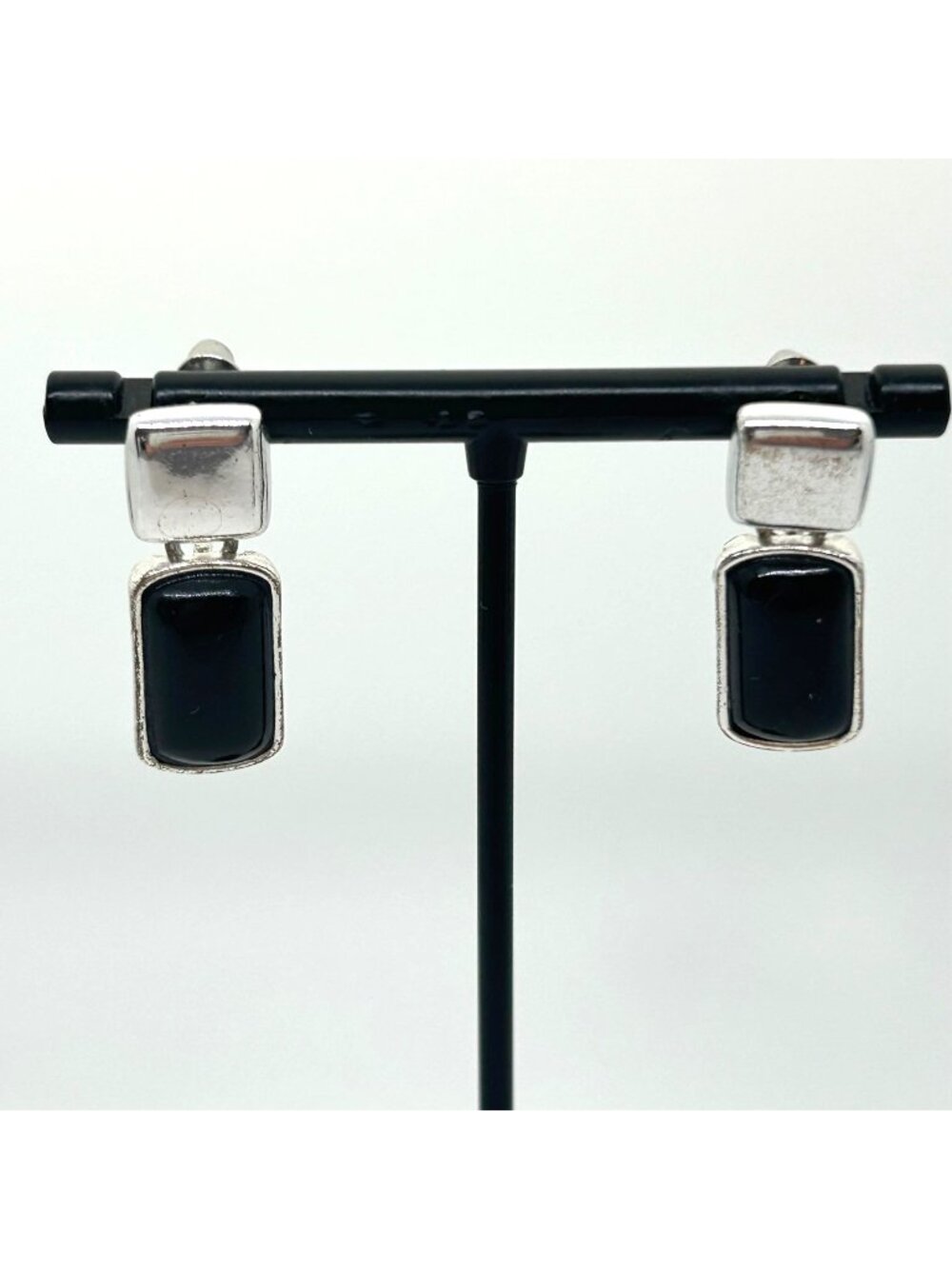 Liz Claiborne Vintage Silver-Tone Drop Earrings With Black Acrylic Rectangle Acc